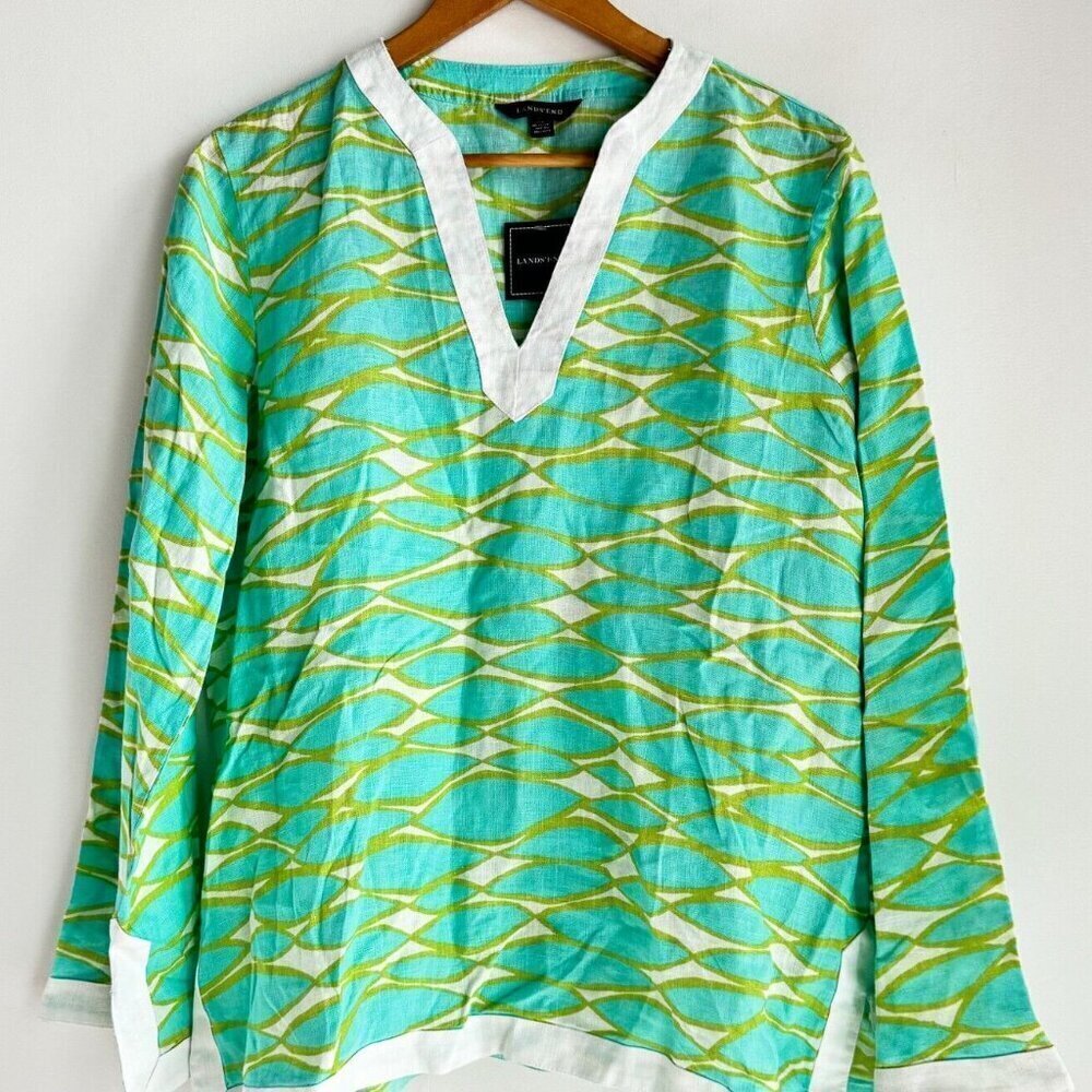 Lands End Linen Blue Green Relaxed Fit Top L